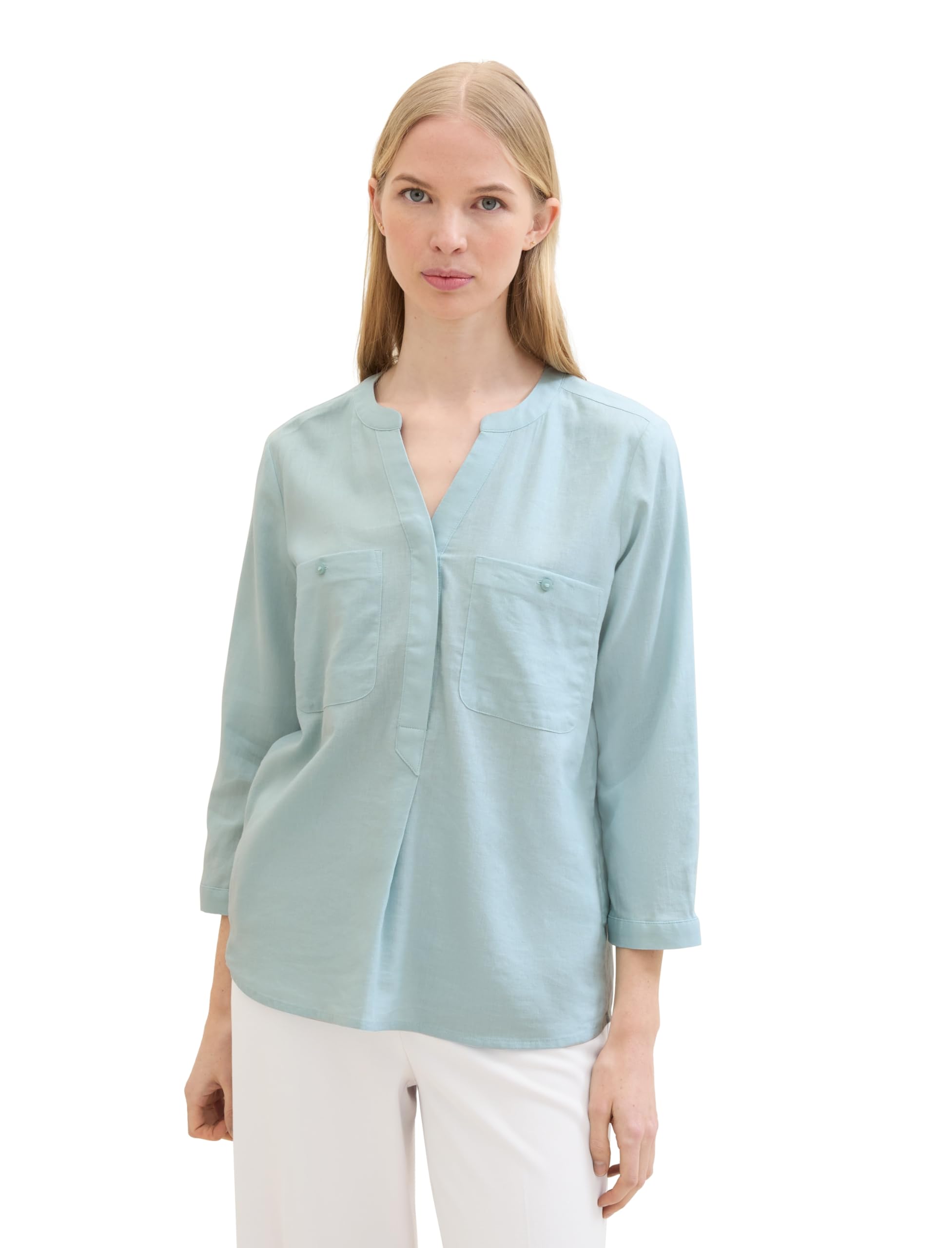 TOM TAILOR Camicetta di Lino Basic con Tasche sul Petto Donna