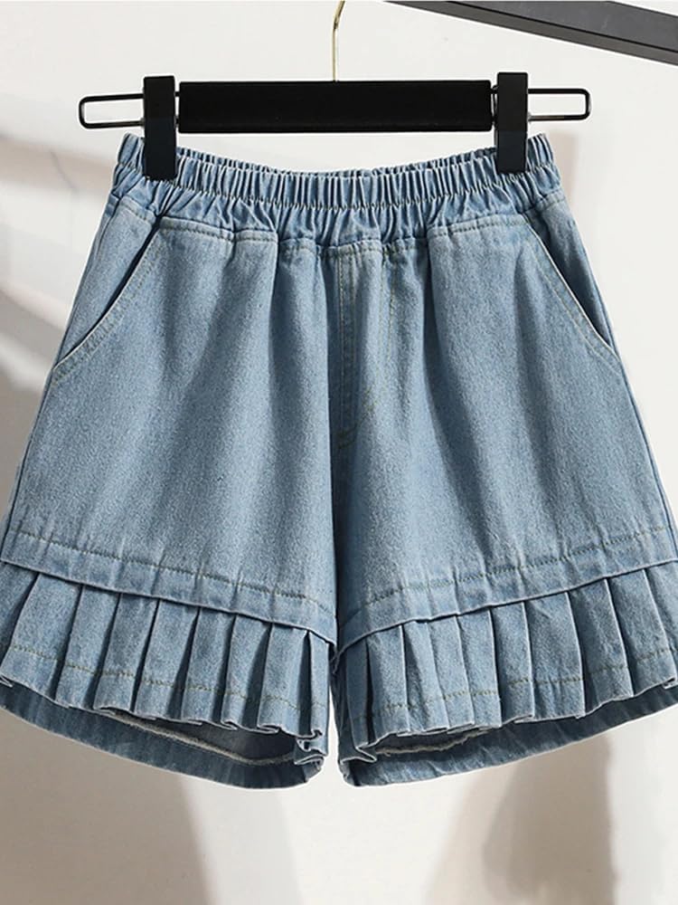 LIXINGHEITANG Summer Wide Leg Pleated Denim Jeans Shorts Women Waist Short Pants Female with Pockets