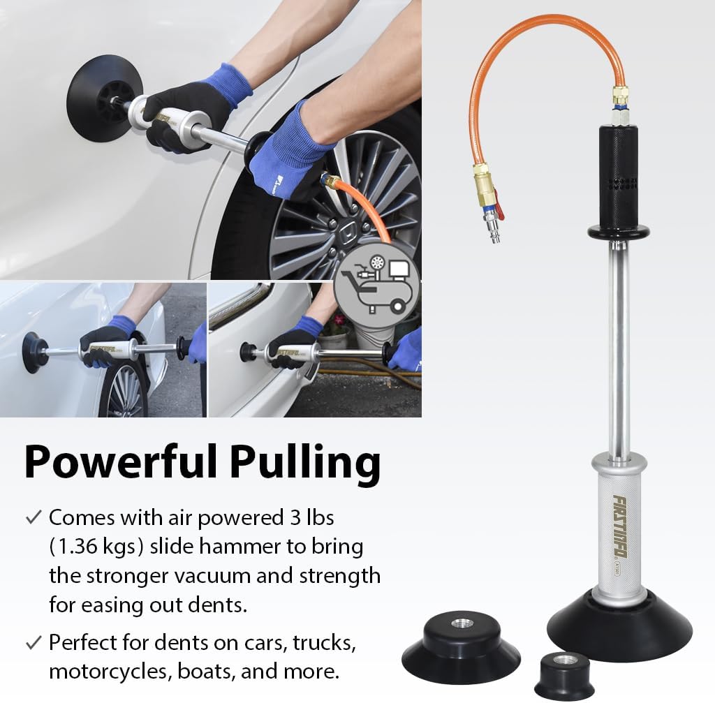 FIRSTINFO A1501US Pneumatic Suction Dent Puller for 60-150mm Car Body Panel Paintless Dent Repair- Vacuum Suction| 3-lbs Slide Hamme| 3 pcs Suction Pad| Diameter:2.36, 4.72 and 5.9-inch