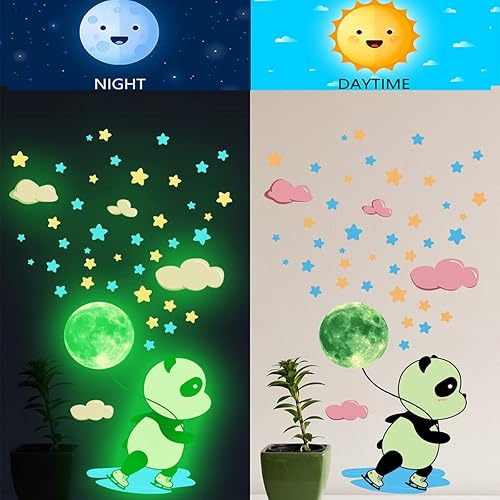 Miniatura 2 de Calcomanías de pared de panda que brillan en la oscuridad, 38 piezas de calcomanías fluorescentes de animales, estrellas, luna, nubes, niñas, bebés,