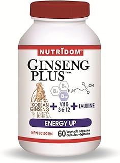 Nutridom Panax Ginseng Root Extract with Tarurine & B-Vitamins, Supports Physical Capacity and Performance, Non-GMO, Vegan, Gluten-Free, Dairy & Soy Free (60 Veggie Capsules)