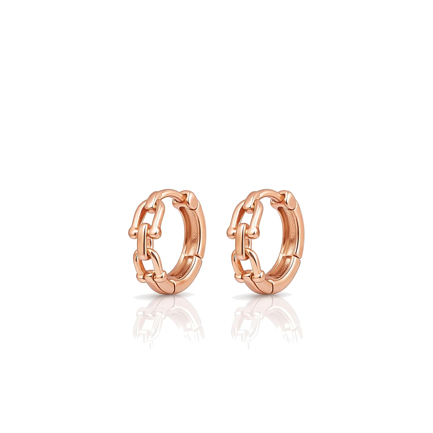 Rose Gold Chain Link Hoop Earrings, Small Huggie Hoops with Interlocking Design