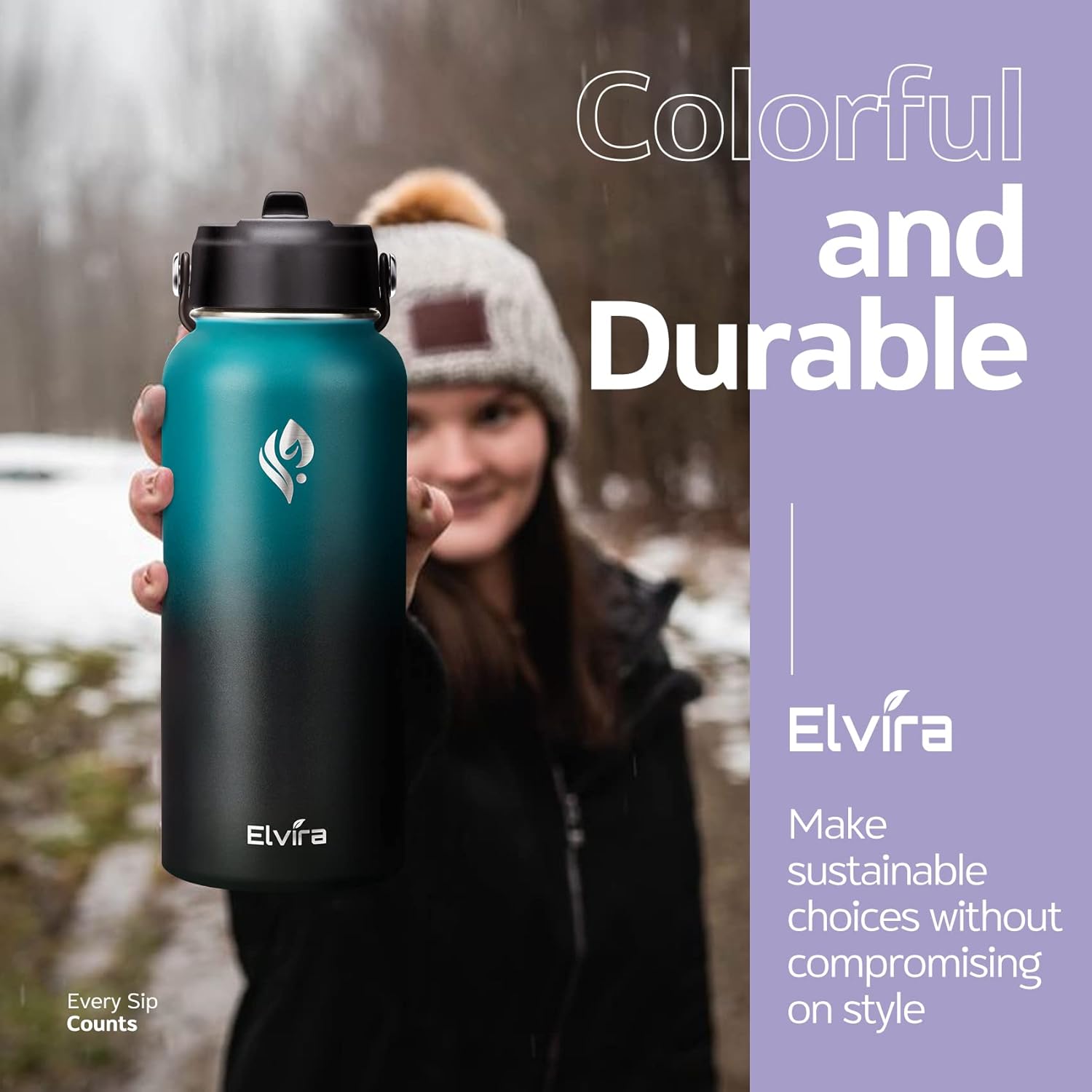 Elvira 32oz Vacuum Insulated Stainless Steel Water Bottle with Straw & Spout Lids, Double Wall Sweat-Proof BPA Free to Keep Beverages Cold for 24Hrs or Hot for 12Hrs-Green/Black : Home & Kitchen