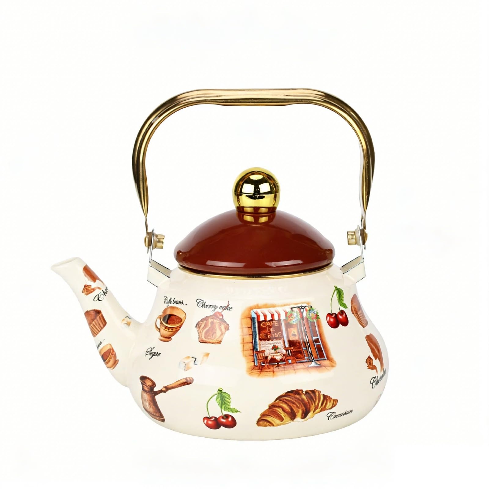 Emaillierte Teekanne leicht zu reinigen -weißer Teekanne leichte Reinigung Emaille- für Teestunde, Küche, 1.5L, Amerikanischer Retro-Stil, Kaffeemotive