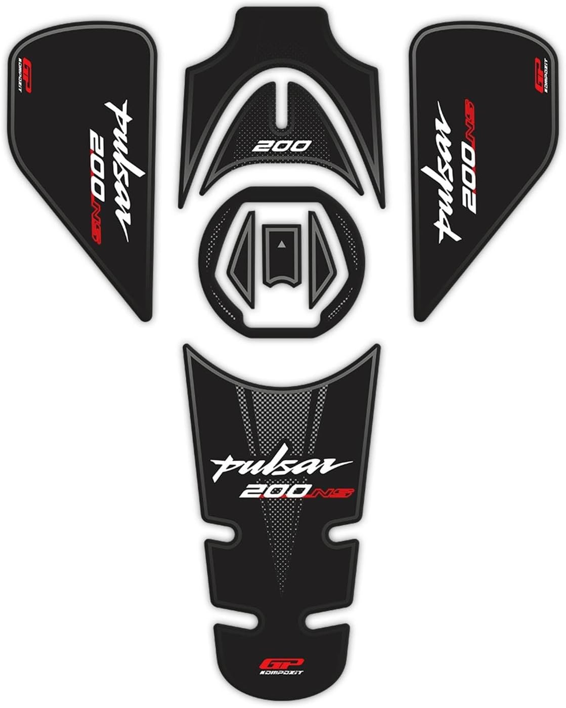 GP Kompozit Tank Pad Set Black-Red Compatible for Bajaj Pulsar NS200 2011-2023