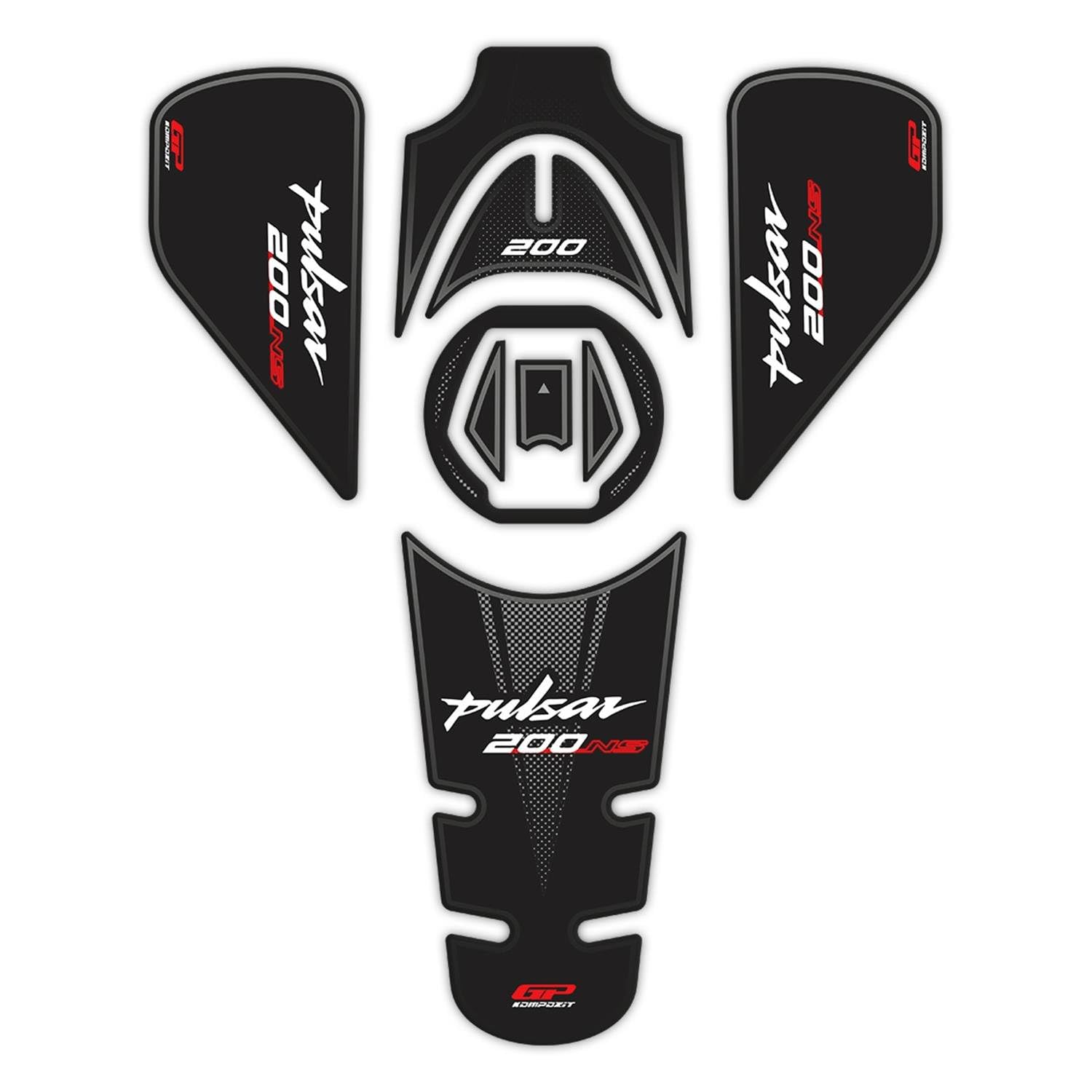 GP Kompozit Tank Pad Set Black-Red Compatible for Bajaj Pulsar NS200 2011-2023