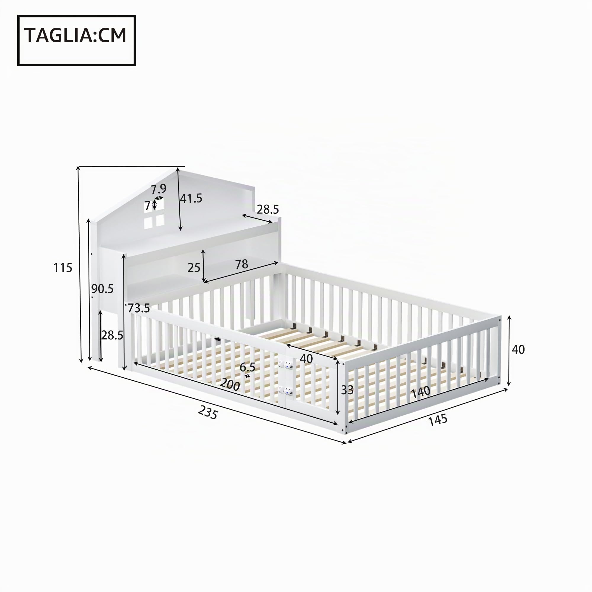 Letto per bambini 140 x 200 con Testiera Contenitore e Barra Portafoto, Montessori Letto a Terra per Bambini con Rete a doghe, Struttura Letto in Legno Massiccio, Letto Piazza e Mezza per Bambini