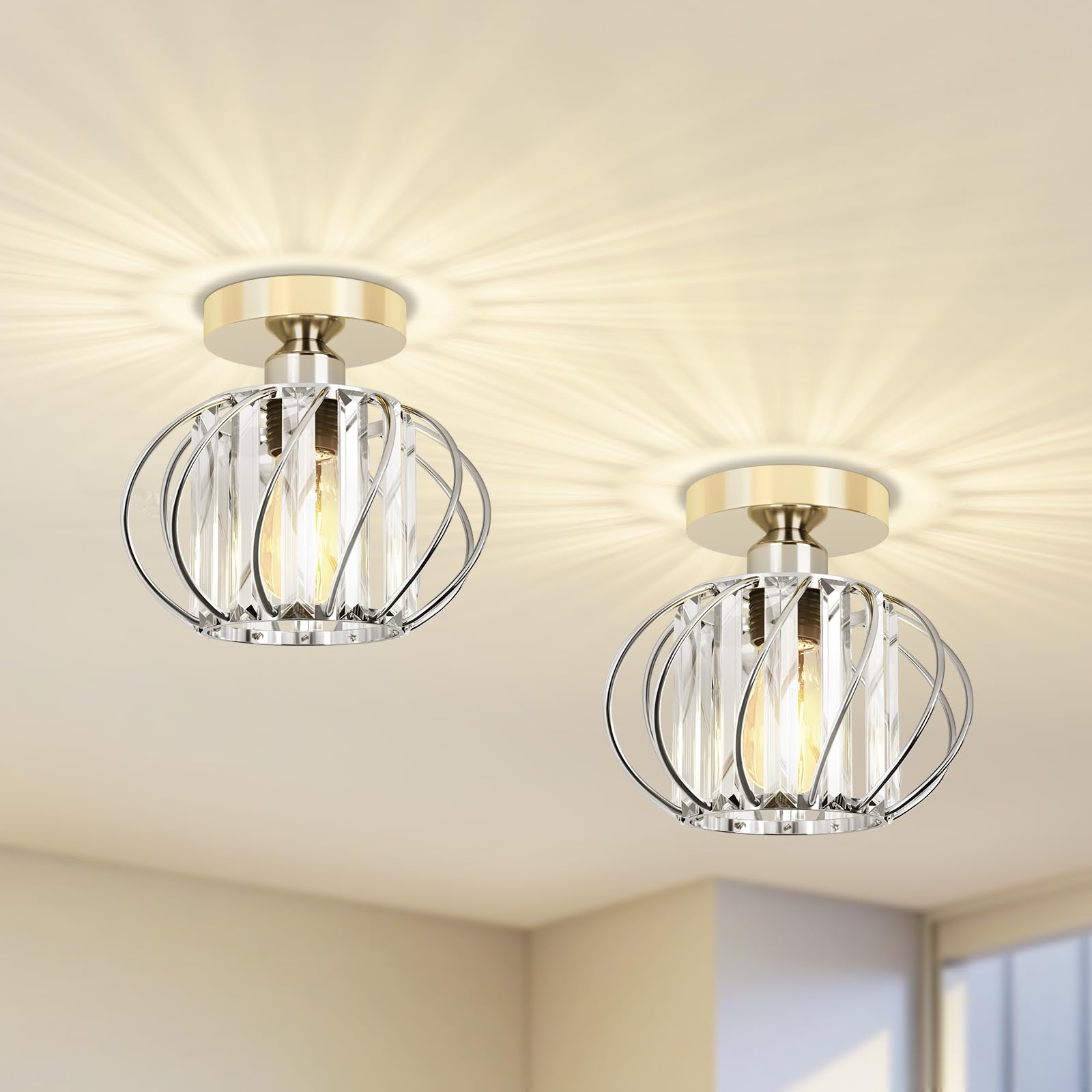 Modern Ceiling Light- Easric 2 Pack Ceiling Lighting Ceiling Lights Living Room LED Crystal Chandeliers for Kitchen Hallway Dining Rooms Bathroom - Chrome