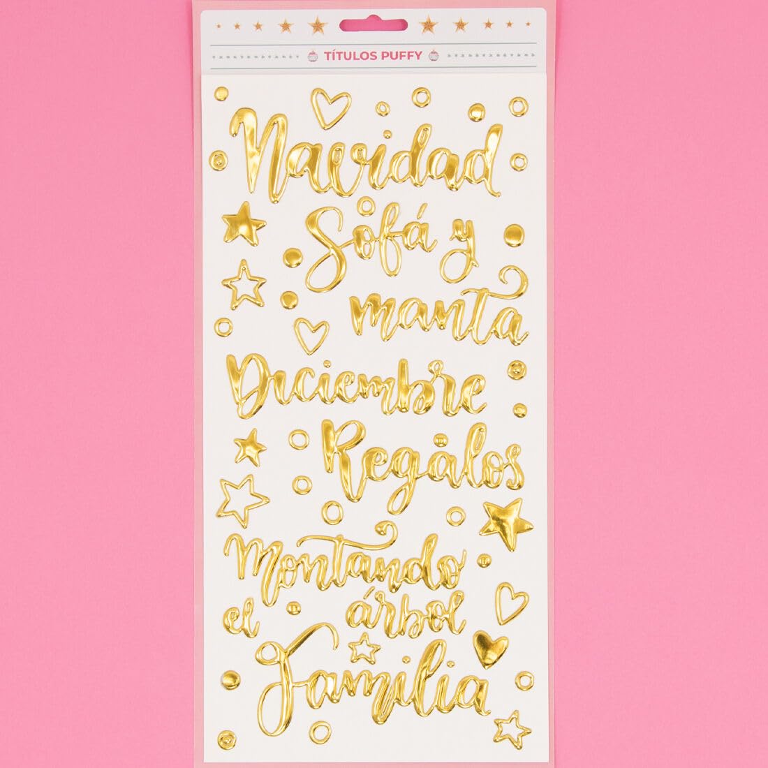 Craftelier - Pegatinas de Frases e Ilustraciones de Puffy en Castellano para Decoraciones en Proyectos Navideños de Manualidades y Scrap | Colección "All You Need Is Christmas" | Acabado Foil Dorado