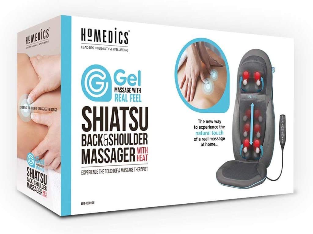 HoMedics Żelowa poduszka na plecy i ramię Shiatsu – żelowe węzły do naturalnego masażu dotykowego, funkcja głębokiego ugniatania i toczenia, 3 regulowane prędkości i funkcja ogrzewania, szara
