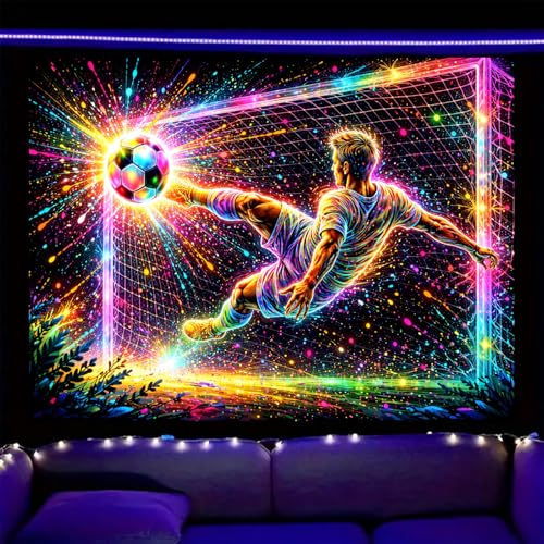 Image of Nuxovilar Neon Soccer Goal Wall Tapestry Polyester 78.74x59.05 In | Glow Poster Trippy Wall Art Sports Decor UV Backdrop Bedroom Game Room Dorm Space (Volley Kick Soccer Goal)
