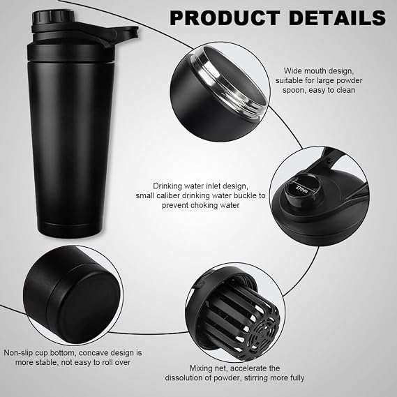 Protein Shaker Bottle 750ml, Stainless Steel Insulated Protein Shaker and Water Bottle,with Noise Free,BPA Free,Shaker for Protein Shakes, with Mixed Mesh,for Protein Shakes Gym Shaker