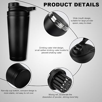 Protein Shaker Bottle 750ml, Stainless Steel Insulated Protein Shaker and Water Bottle,with Noise Free,BPA Free,Shaker for Protein Shakes, with Mixed Mesh,for Protein Shakes Gym Shaker