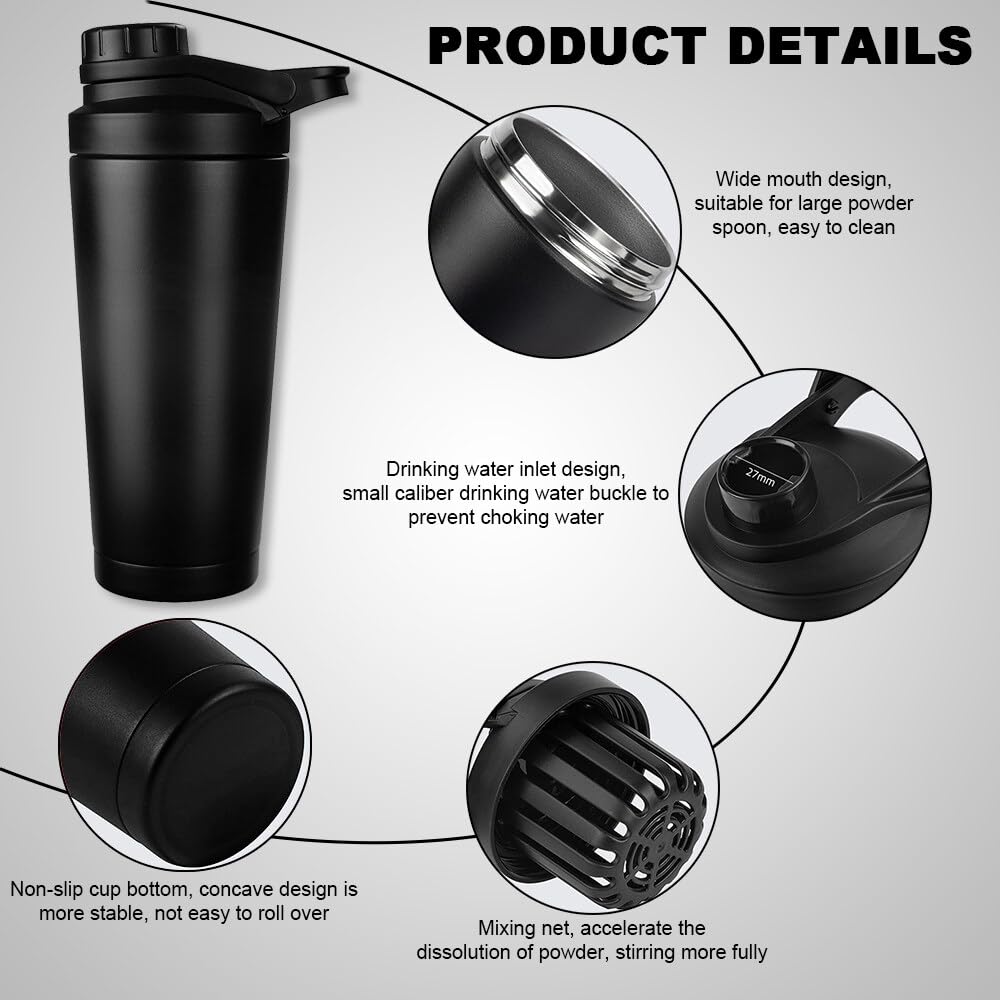 Shaker protéiné isotherme 750 ml acier inoxydable, sans bruit, sans BPA, bouteille d'eau et maille mélangée