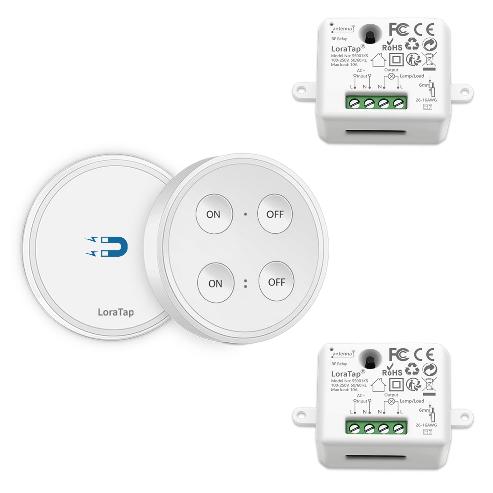 Kit de Interruptor de Luces Inalámbricas, LoraTap Interruptor Inalámbrico + 2 Piezas Receptor de Relevo Control Remoto de Radio Hasta 200m Mando a Distancia para Casa Iluminación y Electrodomésticos