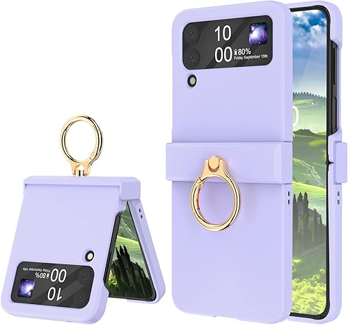 Funda compatible con Galaxy Z Flip 4 con protección de bisagra y soporte de anillo, funda protectora delgada y fina para Samsung Z Flip 4 5G (morado)