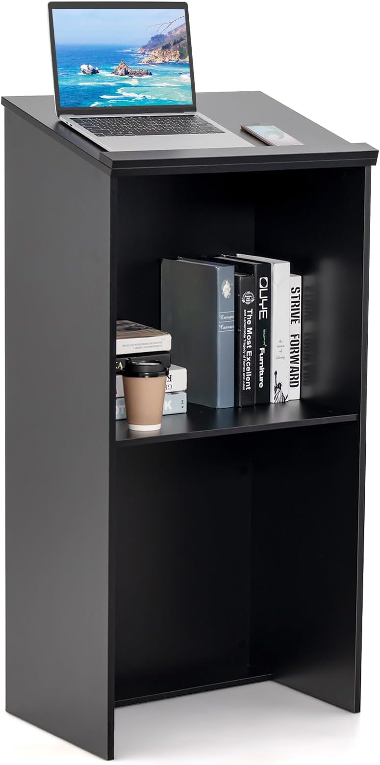 COSTWAY Floor Lectern Podium, Wooden Standing Desk Host Stage with Storage Shelf & Cable Holes, Speaking Reading Table for Classroom, Conference and Auditorium (Black)