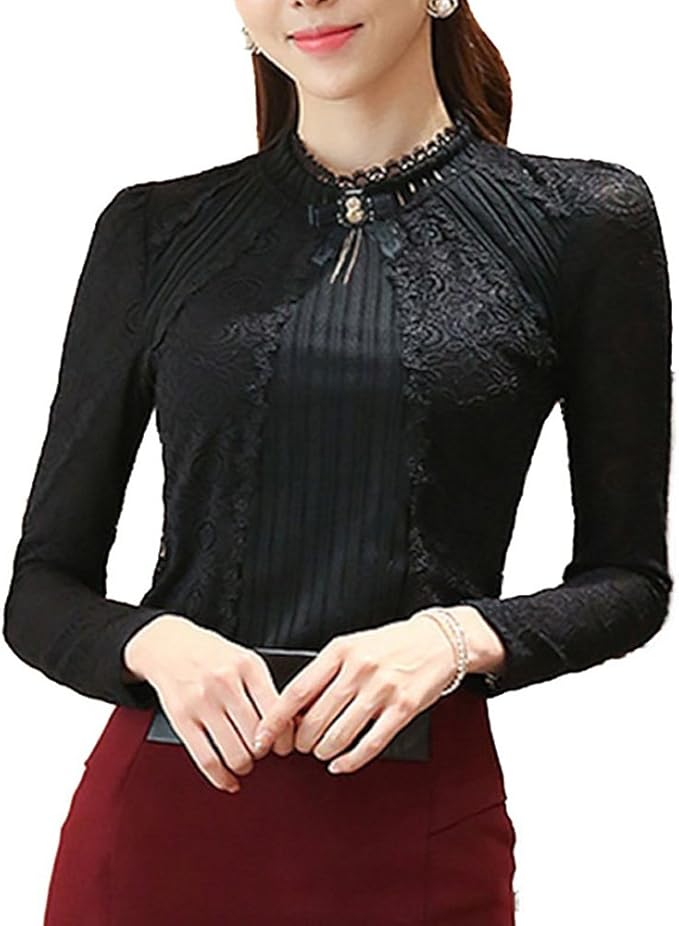 Edwardian Ladies Clothing – 1900, 1910s, Titanic Era SansoiSan Womens Vintage Beaded Buttons Pleated Shirt Long Sleeve Lace Stretchy Blouse  AT vintagedancer.com