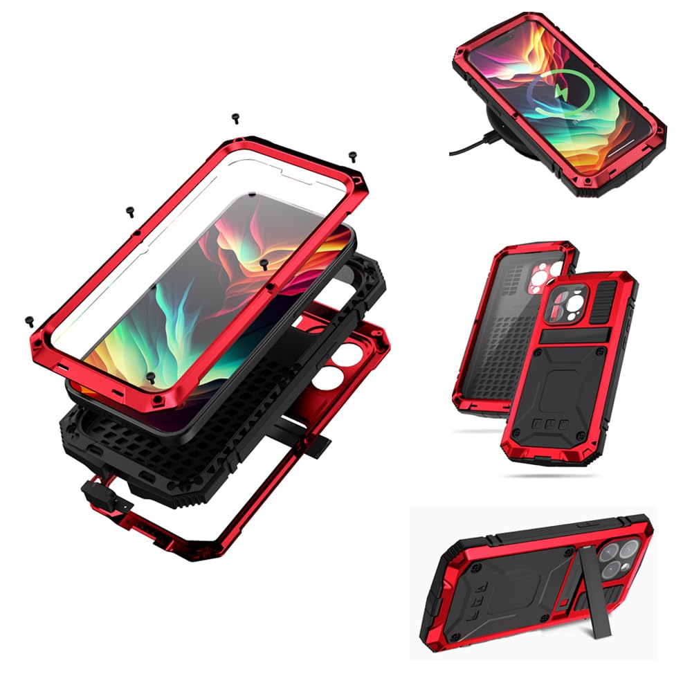 Lunivopfor iPhone 15 Pro Max Case Heavy Duty Protection Dustproof Rugged Aluminium Stan Military Grade Metal with Built in Screen Camera Lens Protector Phone Armor for iPhone 15 ProMax Red