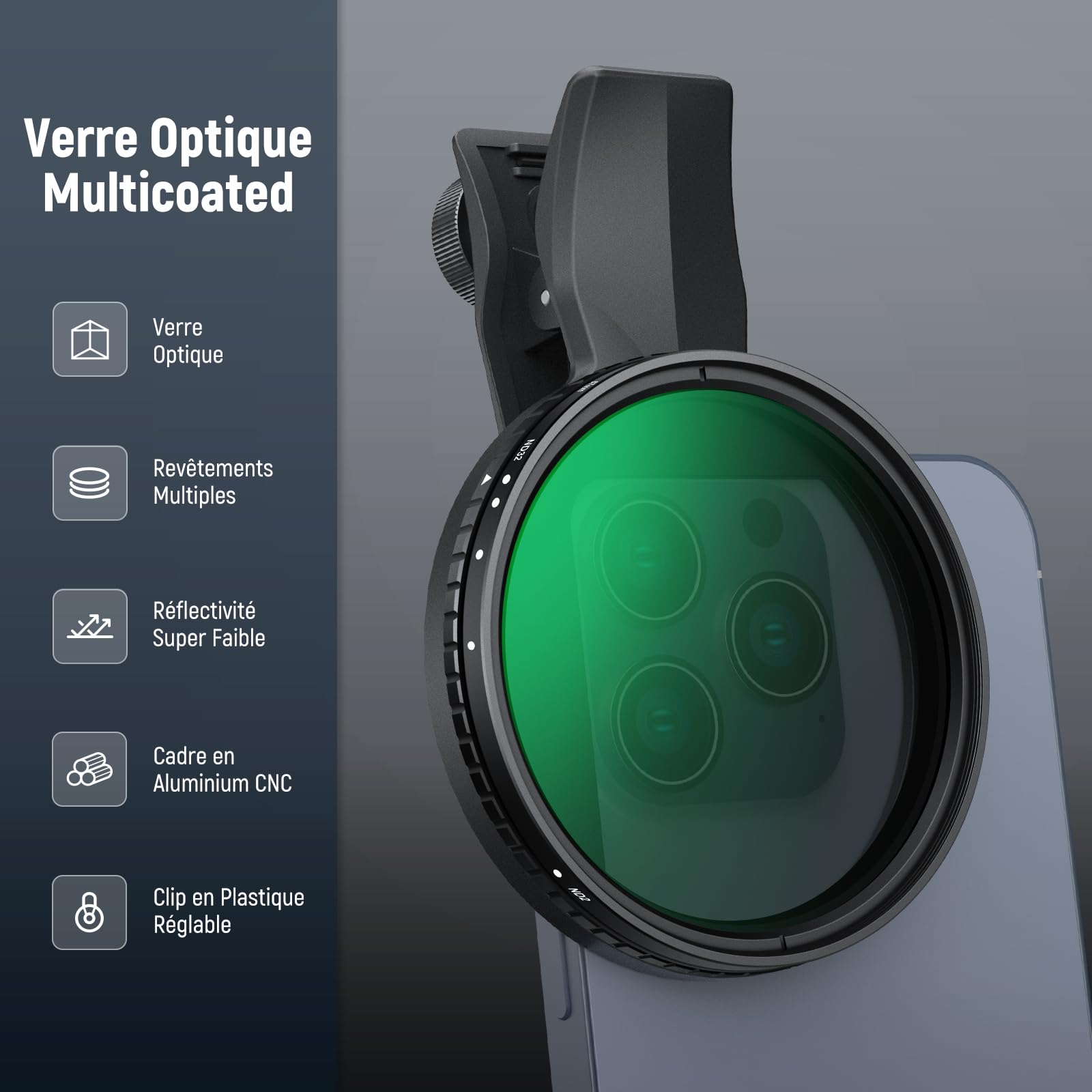 NEEWER 67mm Filtre ND Variable Compatible avec iPhone,Filtre à densité Neutre ND2-32 à Clipser, Kit d'accessoires Photo pour iPhone 17, 16, 15 Pro Max Plus, 16e, 14, 13 Mini, FL-B25