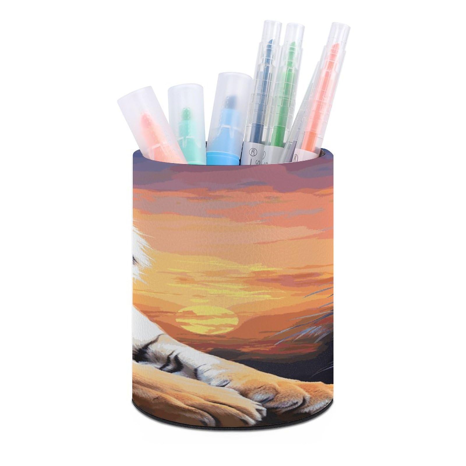 LDGSUPH Tiger Colorful Sunset Round Pen Holder Leather Pen Cup Pencil Cup Pen Organizer Pencil Holder for Desk Organizer Pencil Organizers Makeup Brush Holders for Home Office Gift