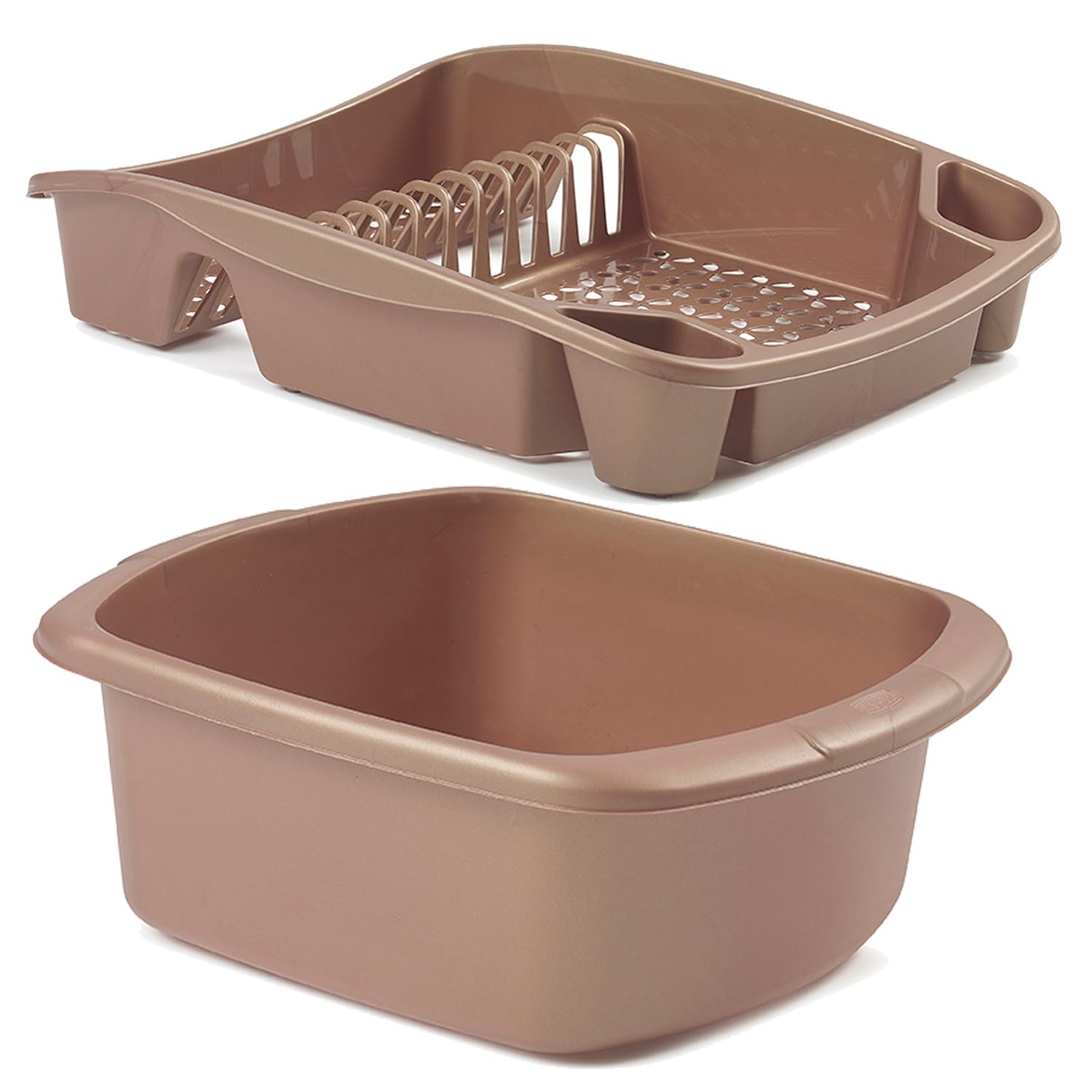 ZARVICZONIA Plastic Washing Up Basin and Large Dish Drainer with Rectangular Bowl, Holds up to 12 Plates with Two Cutlery Drainer, High Grade, Extra Large Dish Drainer with Bowl in Gold