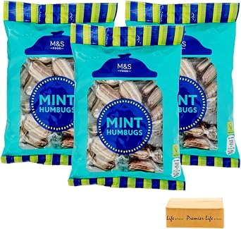 M&S Mint Humbugs Classic Striped Sweets with a Chewy Toffee 225g - 3 Pack, In Premier Life Store Box