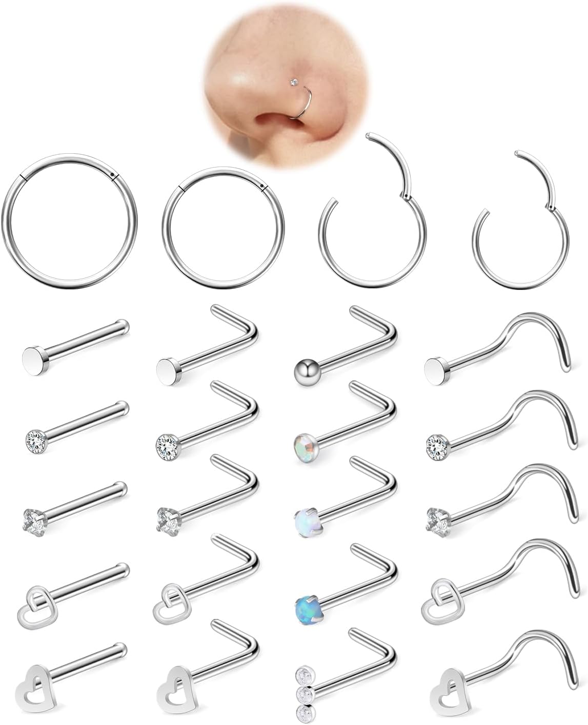 Hoeudjo Hinged Nose Rings Hoop Surgical Steel Cubic Zirconia Nose Studs Kit for Women Men Tiny Nose Stud Screw & Bone & L Shaped Nostril Rings Piercing Jewelry 20-18 Gauge 24 Pieces