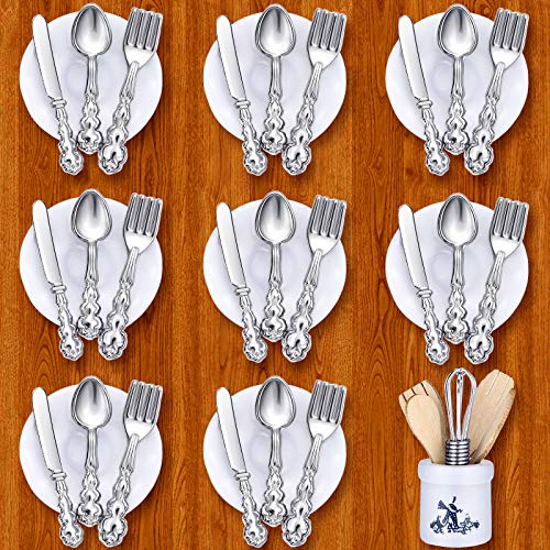 38 Pieces 1:12/ 1:6 Scale Miniatures Dollhouse Kitchen Accessories Include 32 Mini Doll Plates Knife Fork Spoon, 6 Mini Egg Beater Utensil for Dollhouse Tableware Decor Doll Toy Supplies