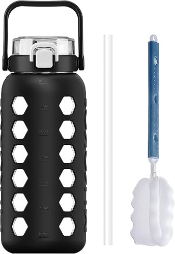 MUKOKO Botellas de agua de vidrio de medio galón64 onzas con popote y tapa, jarra de agua motivacional con recordatorio de marcador de tiempo y