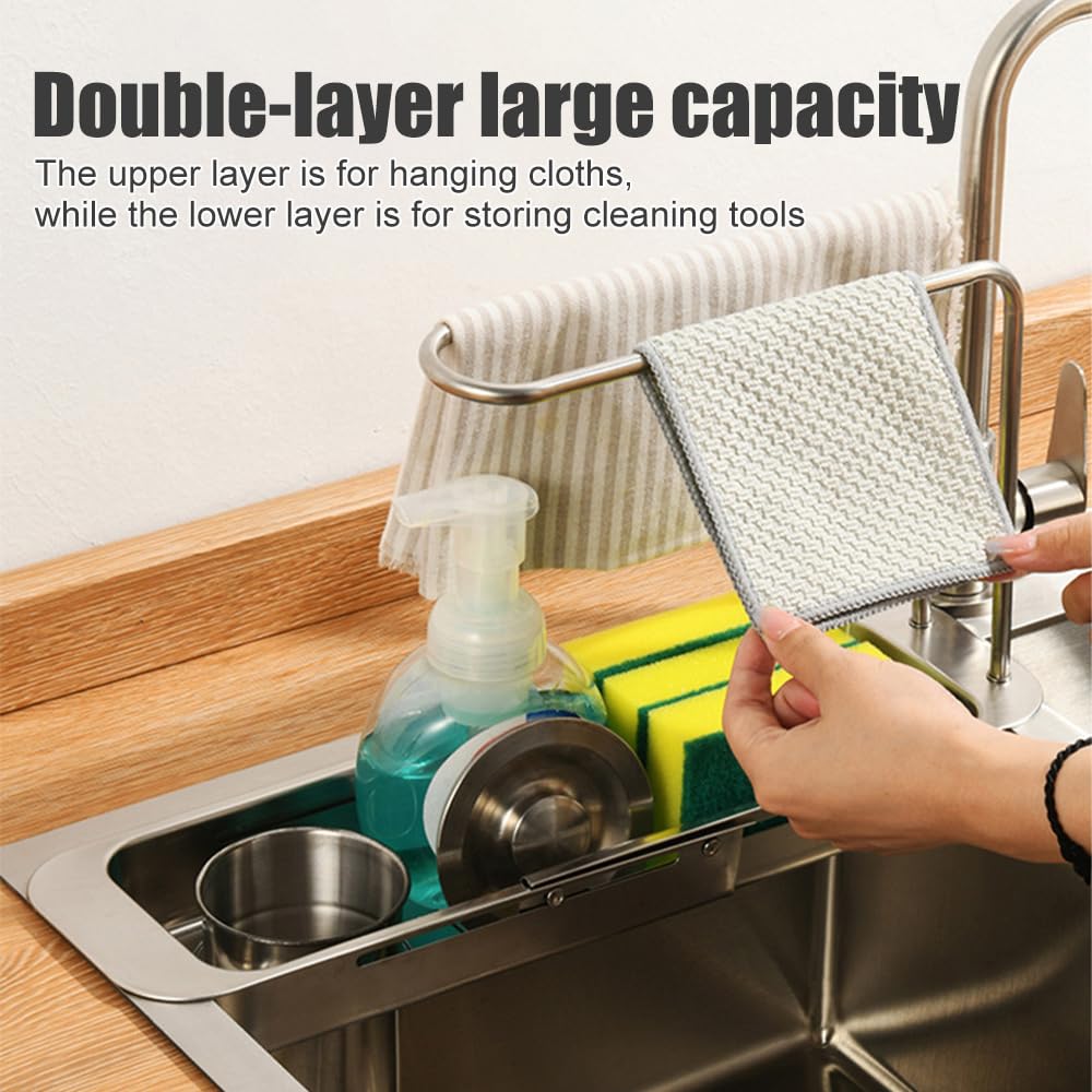 DONGKER Égouttoir a Éponge Rétractable en Acier Inoxydable Amovible avec Trous de Drainage Creux au Fond,pour Comptoir de Cuisine Évier de Cuisine
