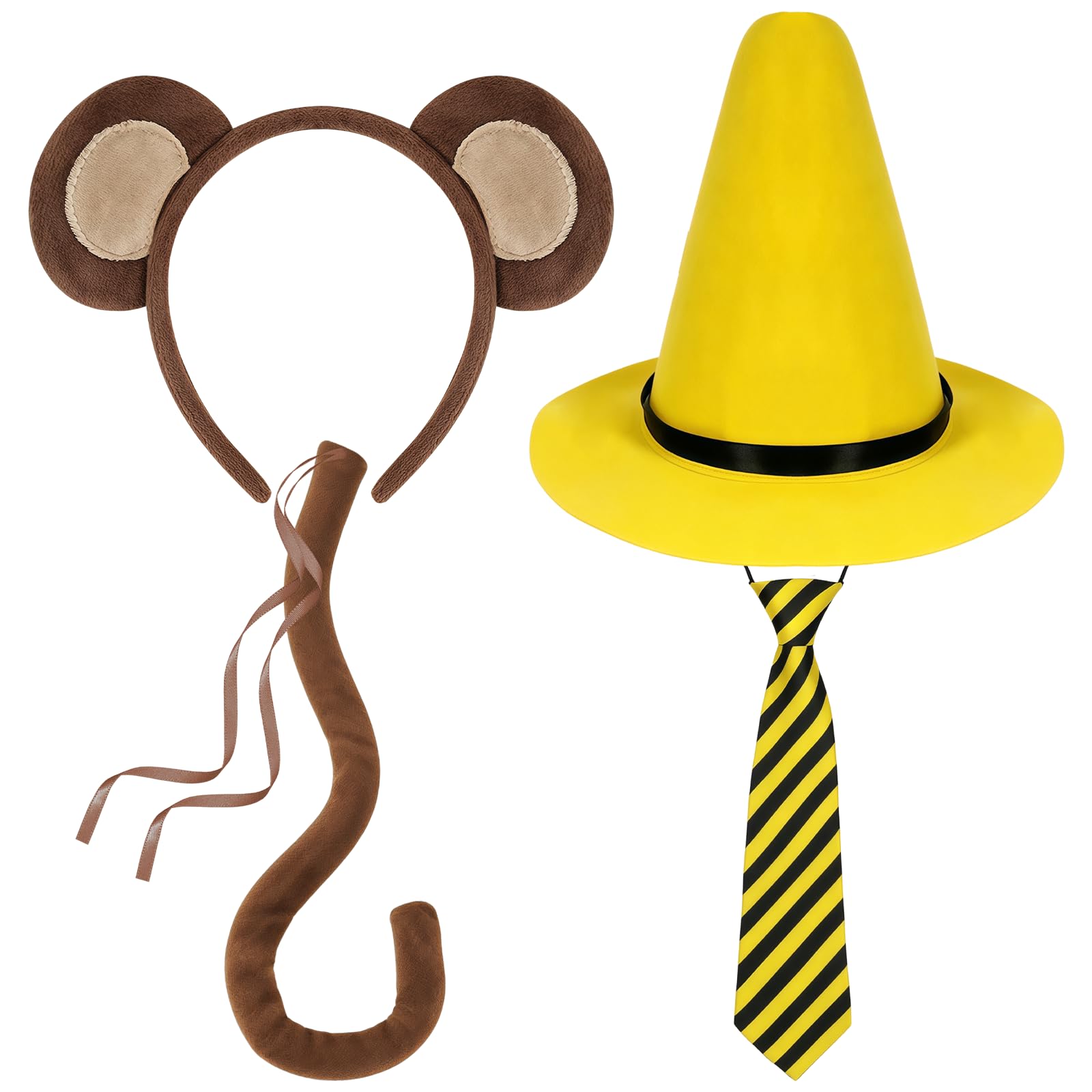 AOVNA 4 Pcs Halloween Monkey Costume Set Yellow Hat Black Yellow Tie Monkey Ears Headband and Tail Set for Animal Costume Cosplay Party Supplies