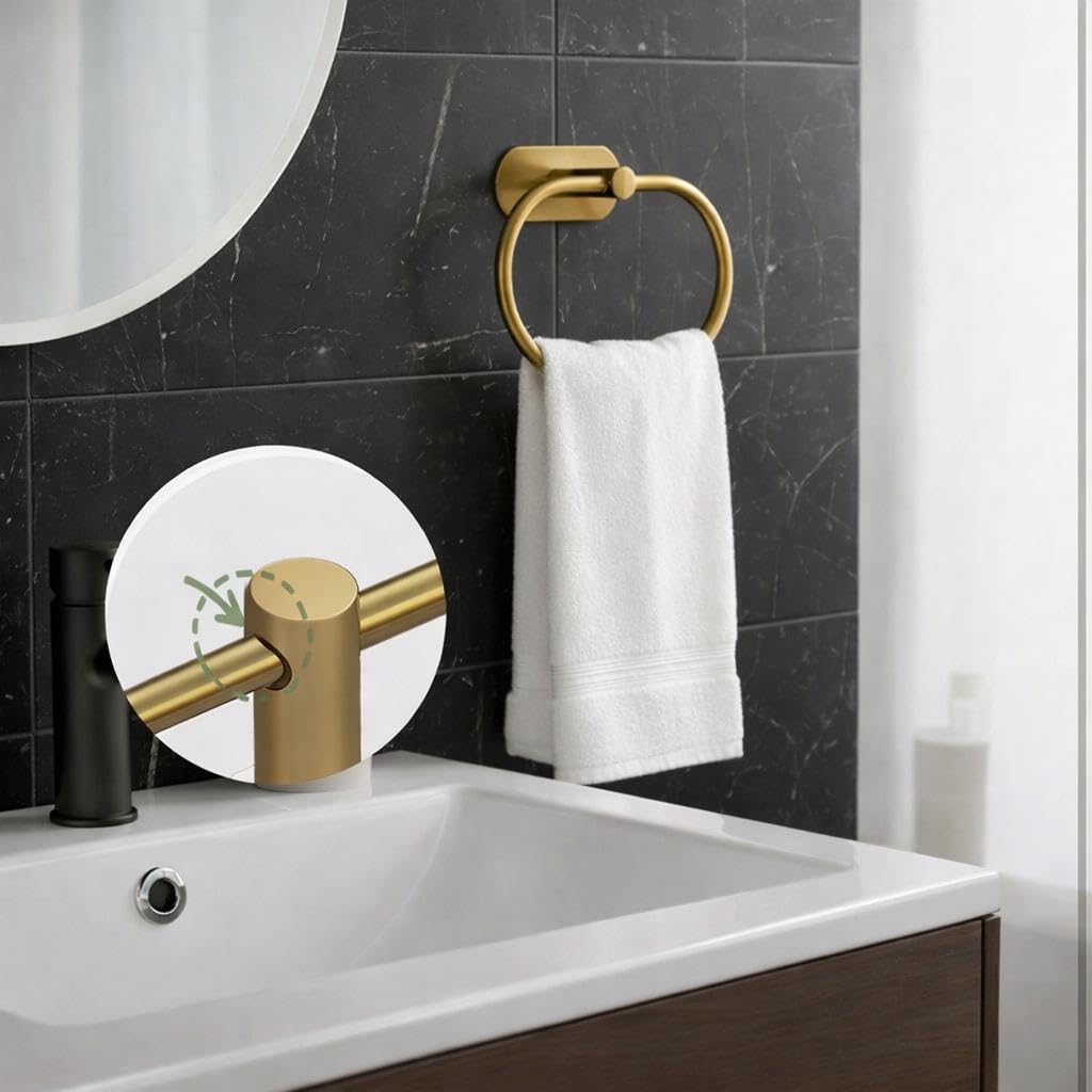 Oslen Magic Sticker Towel Ring Holder for Bathroom – Self Adhesive Wall Mount Hand Towel Hanger Without Drilling, Brushed Antique Brass Gold Finish, Rustproof Stainless Steel (Pack of 1) 2