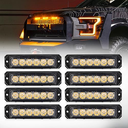 Truck Amber Led Strobe Lights, 6-LED 210 Degree Emergency Warning Grille Light Bar, Universal Surface Mount, 17 Flashing Mode, for Off Road Vehicle ATVs Truck, 8PC Pack
