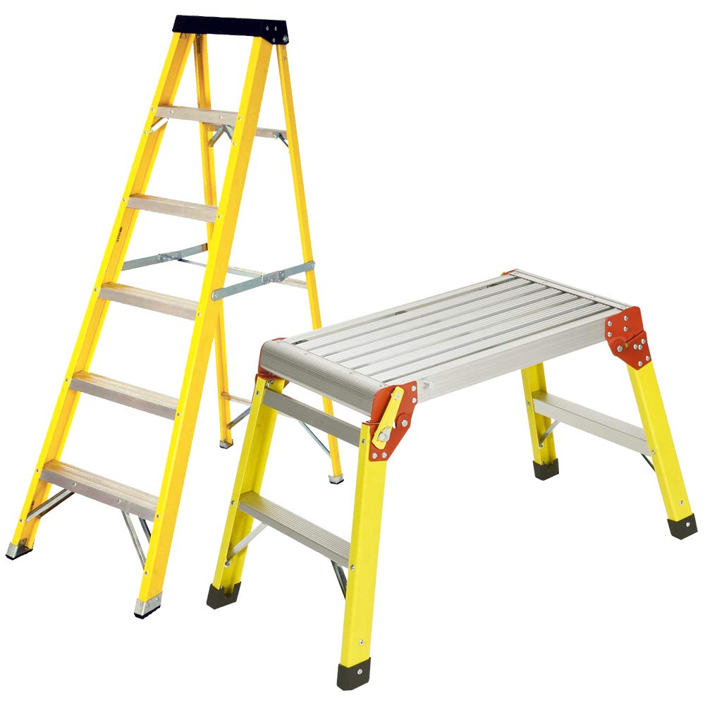 Excel 5 Step Folding Fibreglass Ladder & Folding Hop Up Work Bench Platform