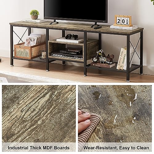 Image of VECELO Industrial TV Stand for 70 Inch Television Cabinet 3-Tier Console with Open Storage Shelves, Entertainment Center Metal Frame for Living Room, Bedroom, 63 Inch, Light Grey