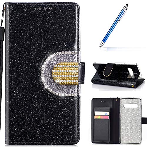 Robinsoni Case Compatible with Samsung Galaxy S10 Plus Phone Case Wallet Leather Phone Cover Book Style Cover Kickstand Case Folio Flip Phone Cover Shockproof Heavy Duty Case Sparkle Bling Case Black
