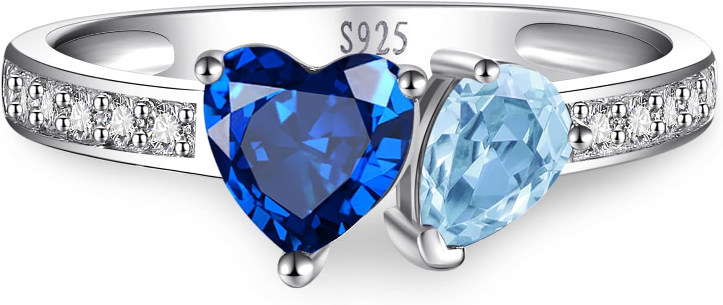 1.6ct Heart Pear Shaped 925 Sterling Silver Rings, Toi et Moi Engagement Ring with Round Cubic Zirconia for Women, 14k Gold/Rhodium Plated Aquamarine Emerald Amethyst Garnet Band, Size 5-9