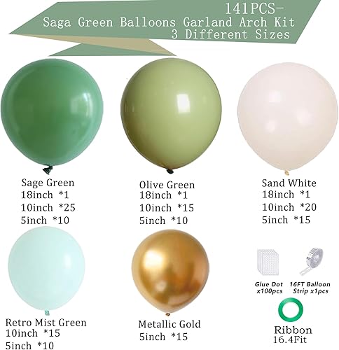 Miniatura 2 de Kit de guirnalda de arco de globos verde salvia, 141 piezas verde salvia, verde oliva, verde polvoriento, blanco, arena y globos dorados metálicos