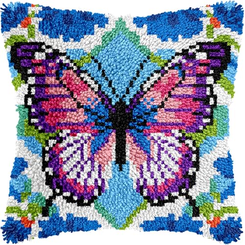 Image of LUBOT Butterfly Latch Hook Kits for Adults Rug Pillow Cover with Printed Canvas Pattern Crochet Kit for Beginners 17 inch X 17 inch