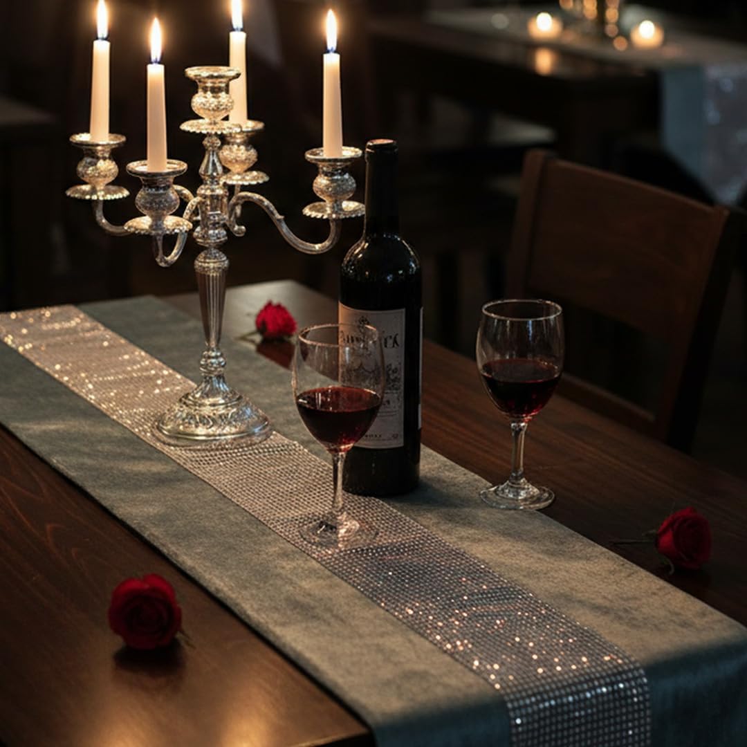 HeMiaor 13x98 inch Bling Table Runner Glitter Tablecloth with Diamante Strip and Tassels for Birthday Party Wedding Banquet Table Decoration,Silver Gray