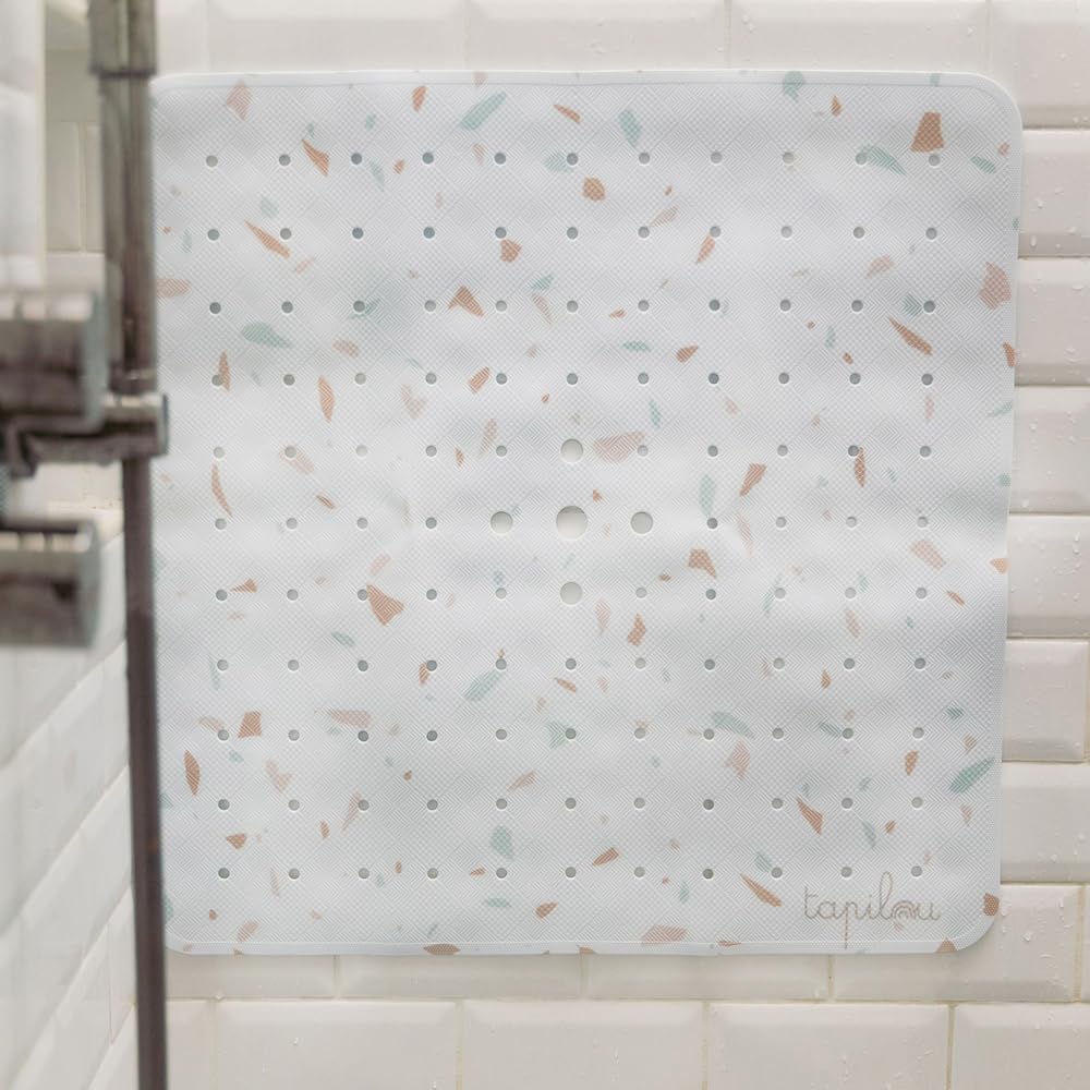 Tapis de Douche Bébé Antidérapant 53x53 cm Motif Terrazzo sans BPA Lavable en Machine Anti-moisissure avec Ventouses