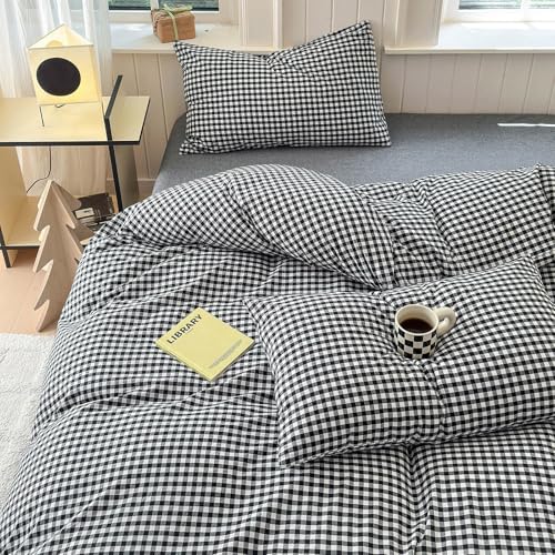 Image of LifeTB Black Gingham Comforter Full Size Boho Plaid Checkered Pattern Comforter Geometric Grid Plaid Printed Bedding Comforter Set with 2 Pillowcases Fluffy Bed Luxury Soft Gingham Bedding Set Full