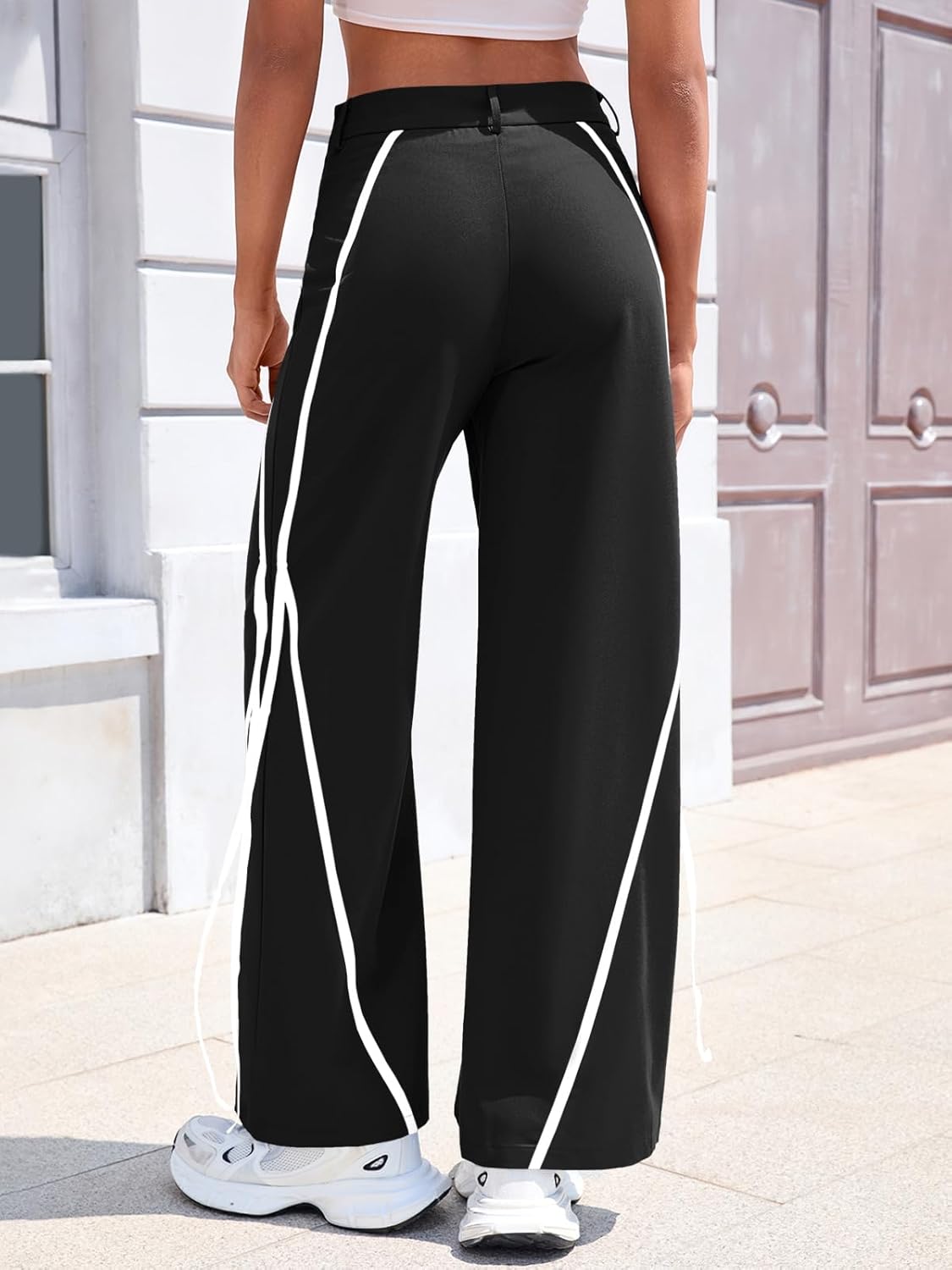 Fisoew Womens Casual Wide Leg Pants Straight Leg Trousers Splicing Line High Waisted Side Striped Palazzo Pants - Image 4