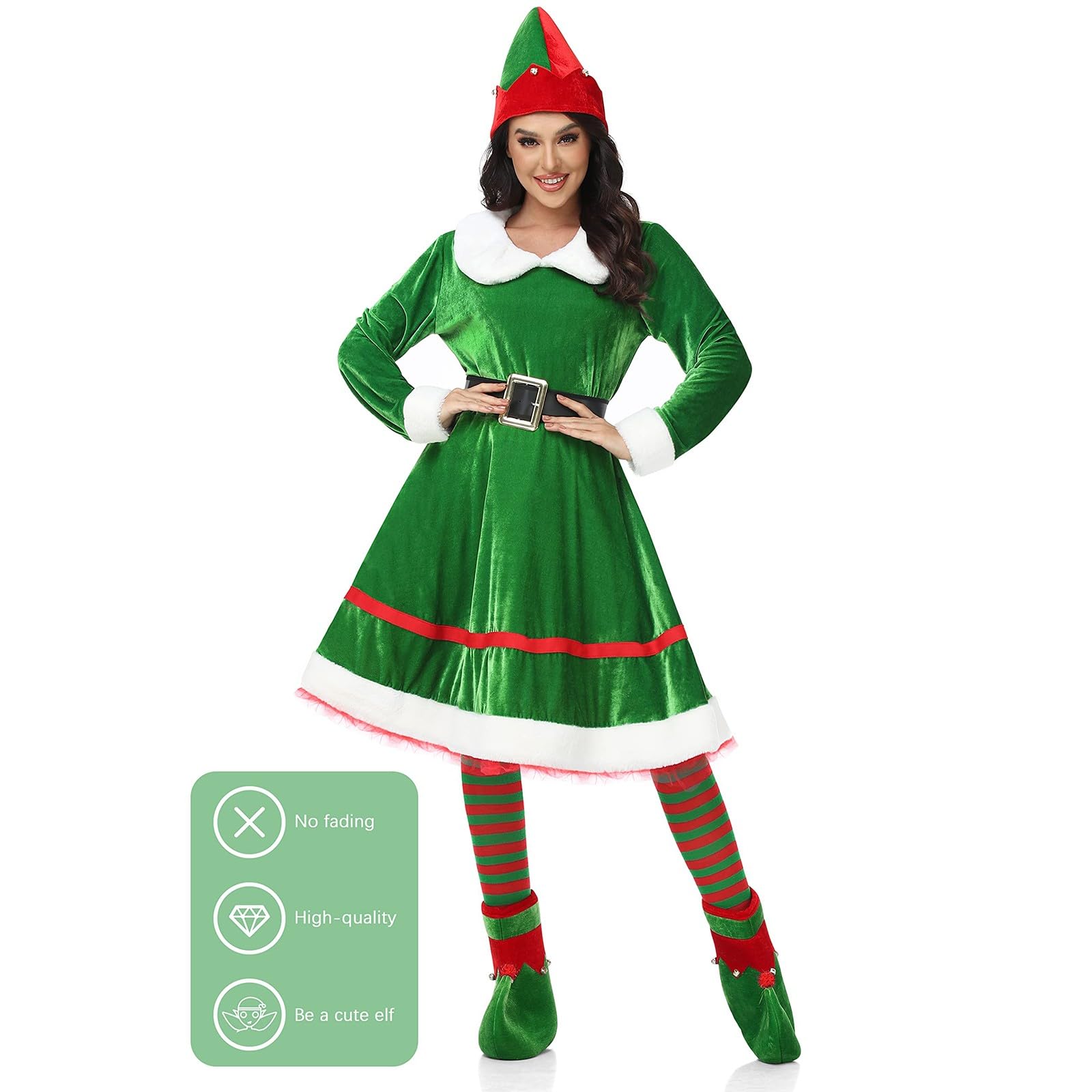 Damen Weihnachtskleid 5 Teiliges Weihnachtselfen Kostümset, Samtkleid+Gürtel Elf Cosplay Set, Festliche Elfenkleidung, Weihnachten Party Club Kostüm Karneval Cosplay