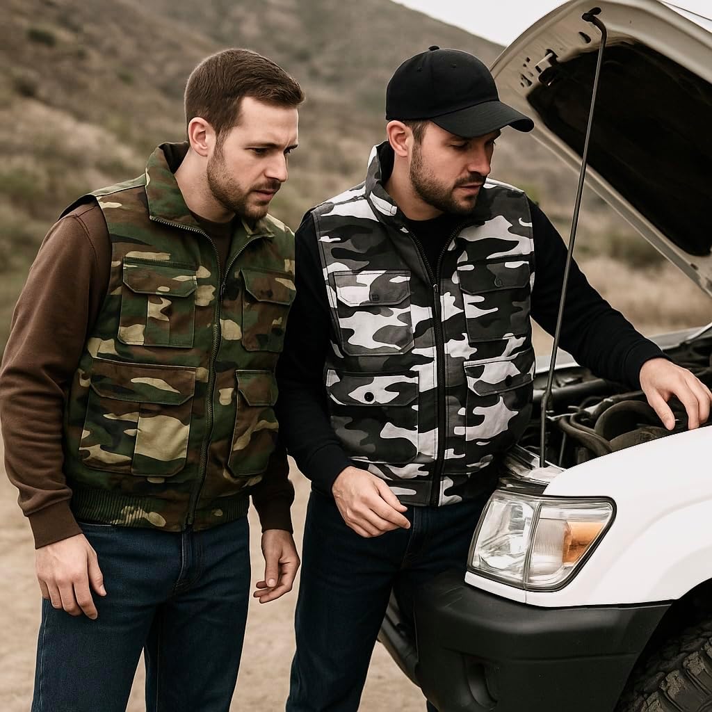 Men's Multiple Pocket Water Resistant Poplin Shell Polar Fleece Lined Padded Utility Vest