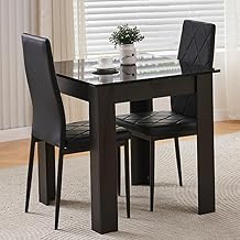 75x75 cm Small Dining Table and 2 Chairs, 2 Seater Table and Chairs Set Kitchen Dining Room Set for 2, Compact, Space Saving, Wooden, Glossing Tabletop Black (2 Seats, Faux Leather Black #2)