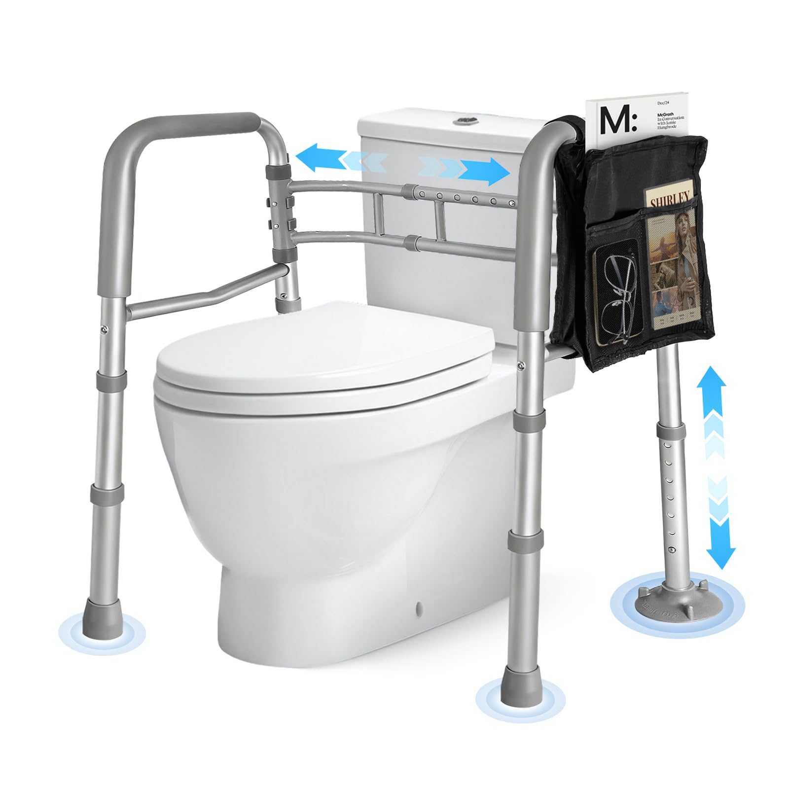 SUNDOY Marco de seguridad para inodoro para ancianos y embarazadas, marco de soporte de inodoro plegable de aluminio ajustable de hasta 150 kg, con asas antideslizantes y bolsa de almacenamiento