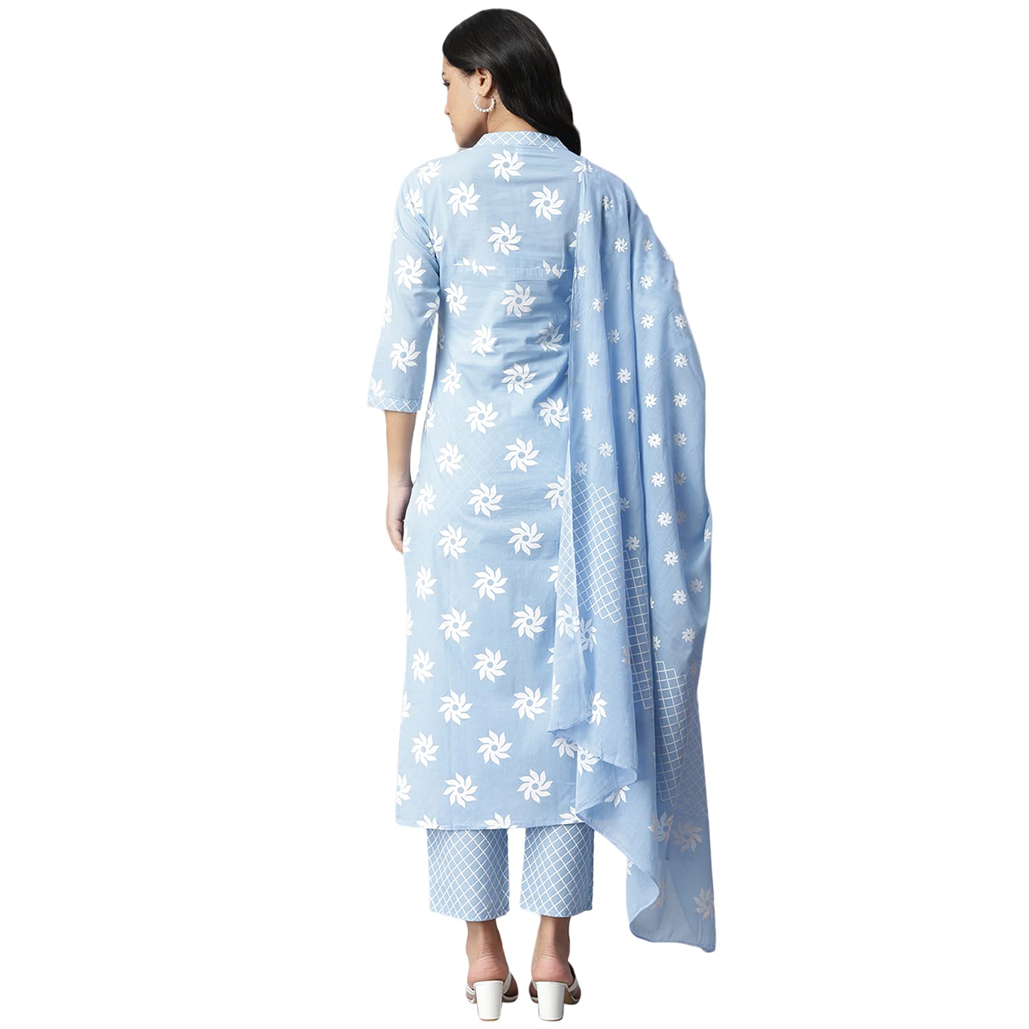 Stylum Women's Plus Size Cotton Printed Straight Kurta Pant Dupatta Set (Greykhadikpdset-46_Light Blue, 3Xl)