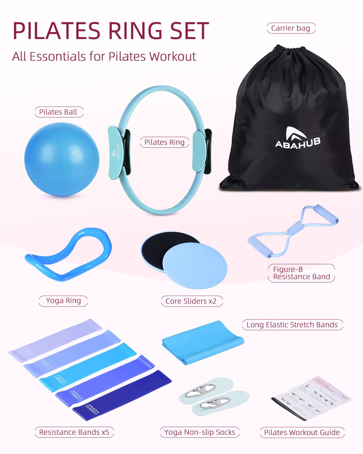 Abahub Pilates Ring Set, 35CM Magic Circle, 25CM Mini Ball,5er Set Fitnessbänder,Stretchbänder,Yoga Socken,Gleitscheiben,für Frauen Heimtraining, Flexibilität, Stabilität Blau Set